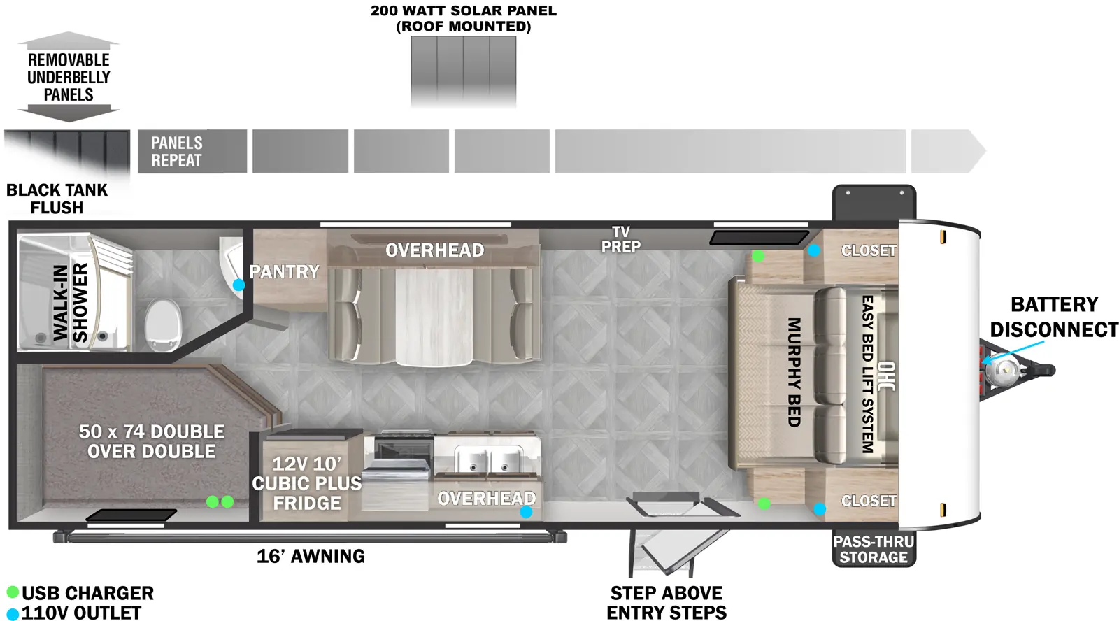 The 220BHXL has zero slideouts and one entry. Exteriors features front pass through storage, battery disconnect, and 14 foot awning. Interior layout front to back: murphy bed/sofa with easy bed lift system, overhead cabinet and closets on each side; off-door side dinette with overhead cabinet and pantry; door side entry, kitchen counter with sink, overhead cabinet, cooktop, and oversized refrigerator; rear off-door side full bathroom with walk-in closet; rear door side double over double bunks.